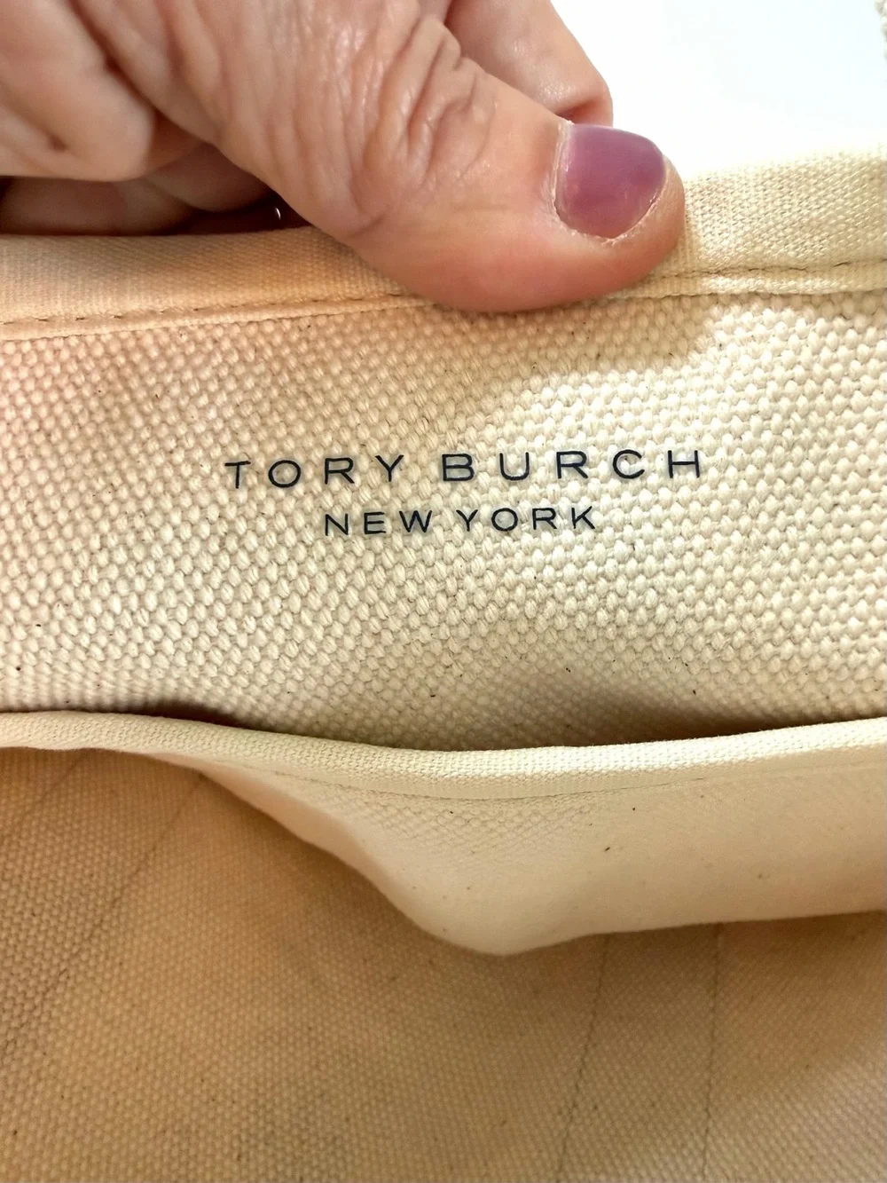 Tory Burch Ella Small Tote Bag Natural Ivory Canvas Logo Everyday Carryall